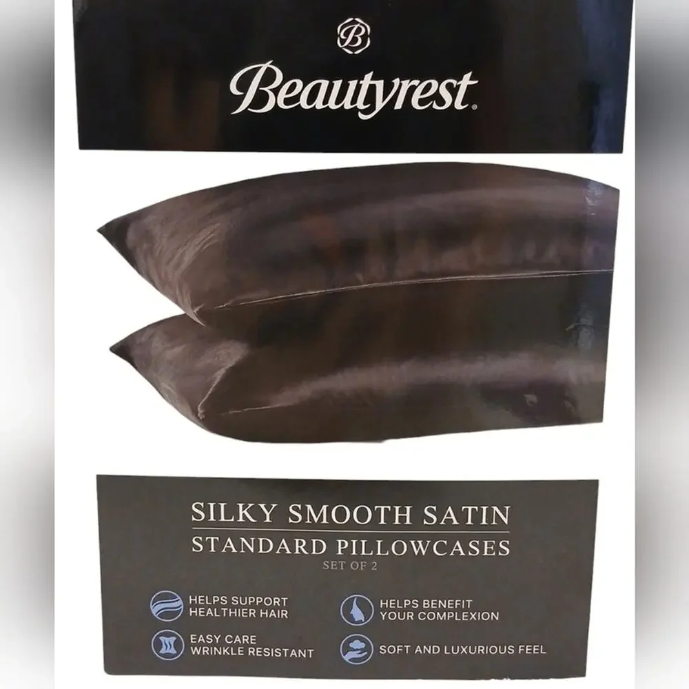 2 Pc Beautyrest STANDARD Satin Pillowcases BLACK Silky Therapeutic Hair Skin NEW